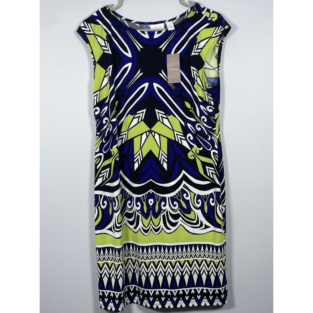 Chico's Neon Lime, Navy & Black Print Sleeveless Midi Dress